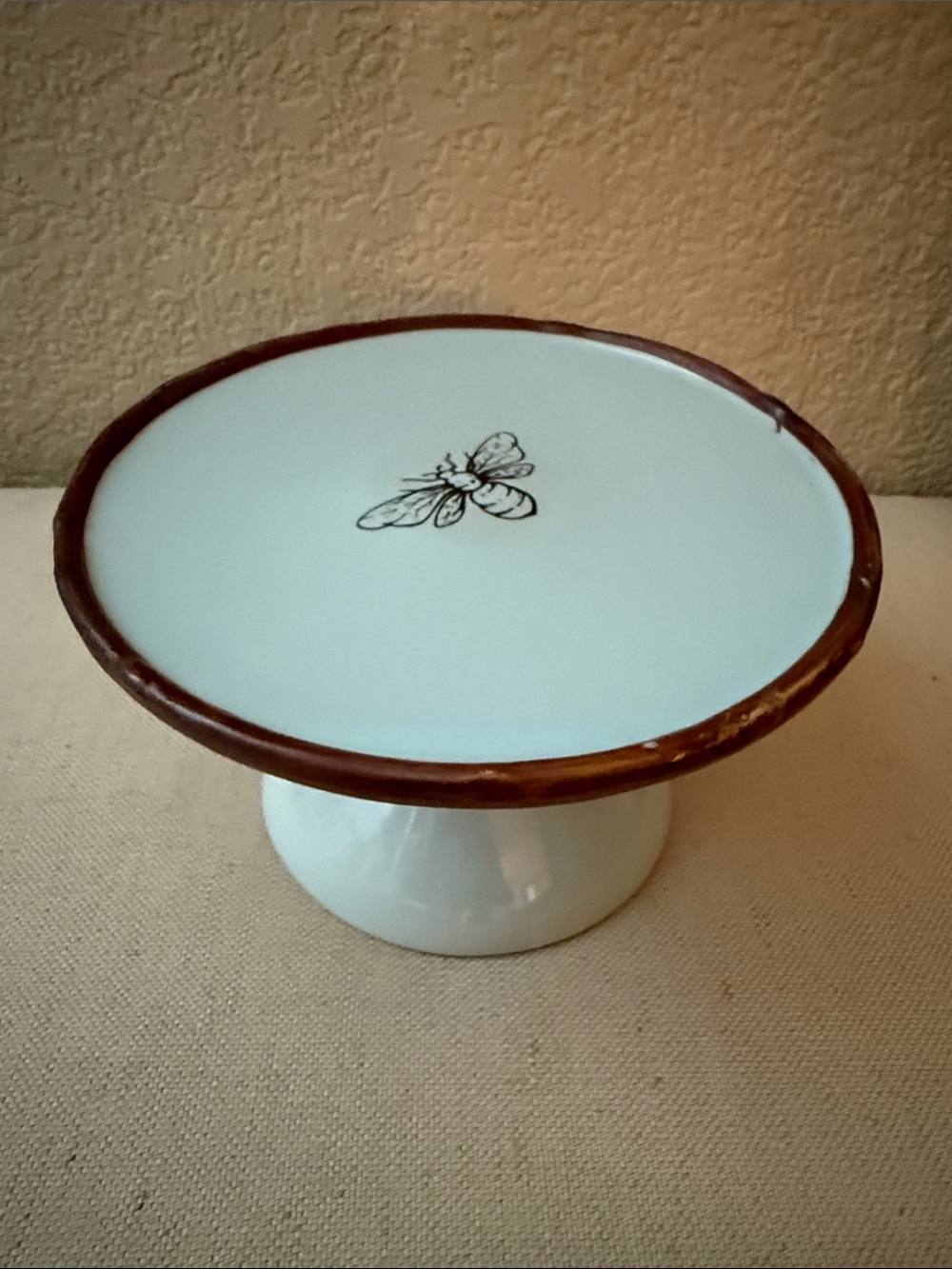 6” Mini Cake Pedestal Serving Plate, Pale Blue w/Rustic Brown Trim, Bee Graphic